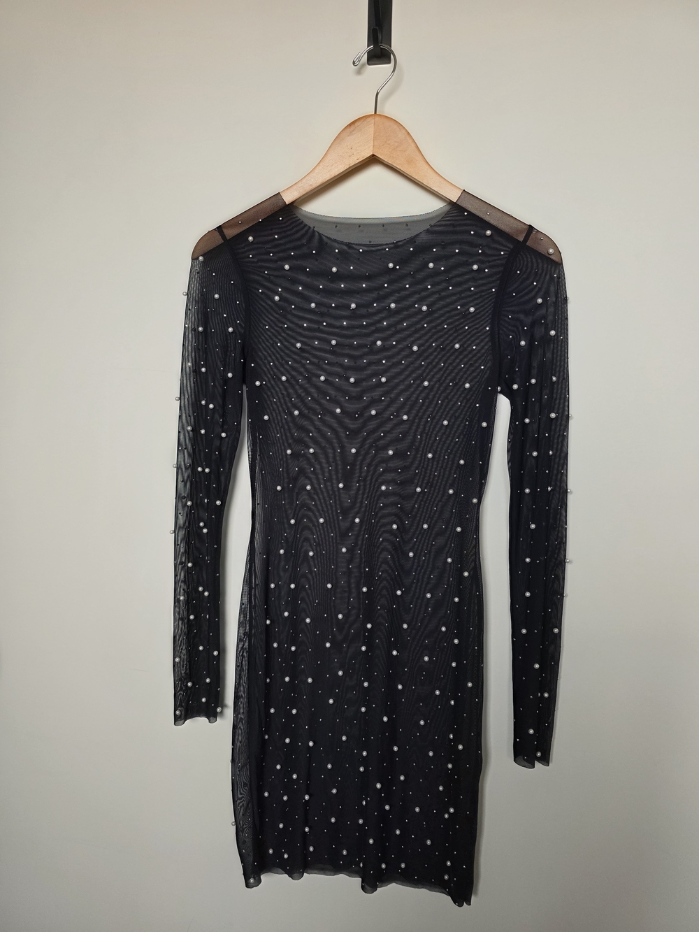 Black Sheer Long-Sleeve Dress with Pearl Embellishment